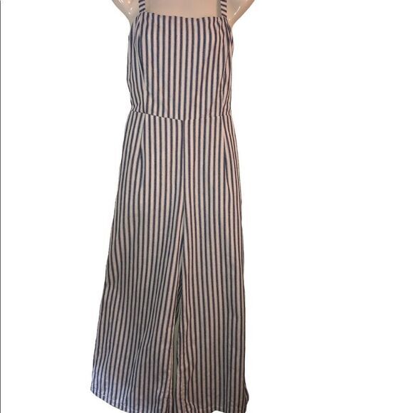 Anna Grace jumpsuit M blue white wide leg open back‎ stripe pockets 100% cotton - Picture 3 of 7